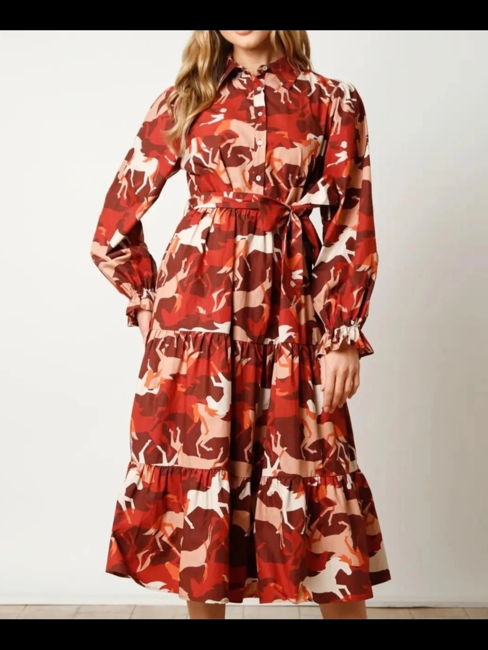 Long Sleeve Red Abstract Tiered Midi Dress with Horse Print